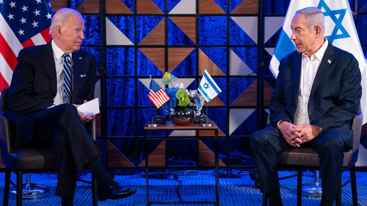 President Joe Biden meets Israeli Prime Minister Benjamin Netanyahu, Wednesday, Oct. 18, 2023, in Tel Aviv. (AP Photo/Evan Vucci)