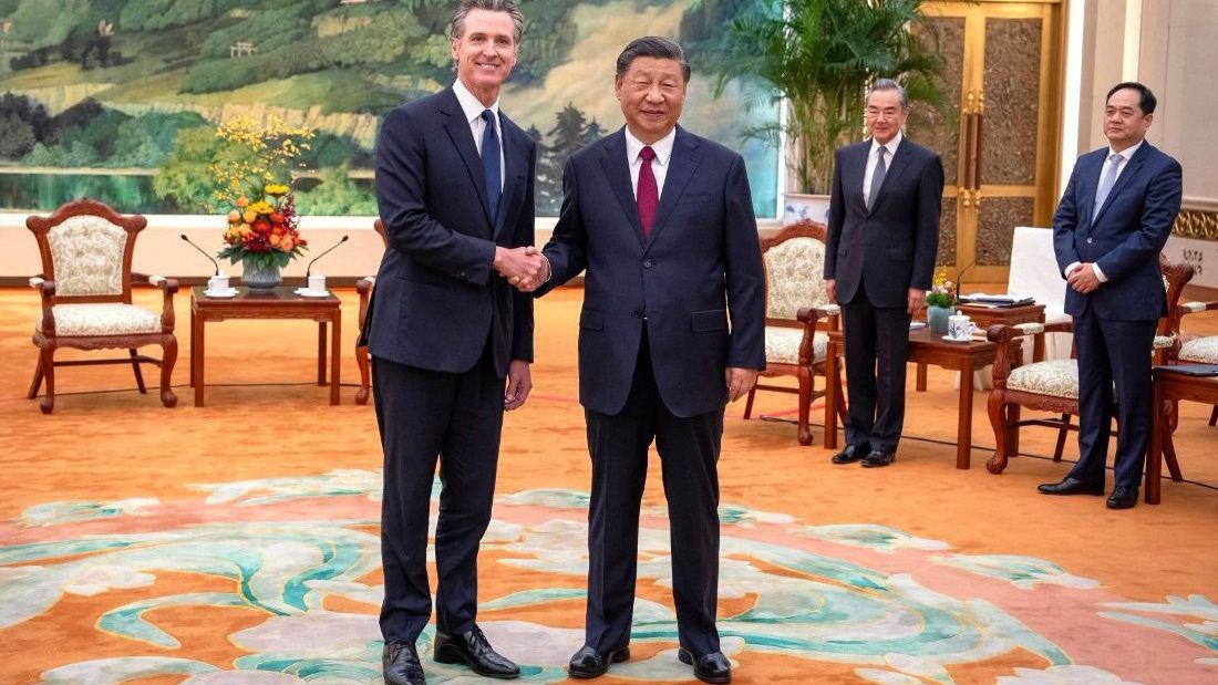 FILE - In this photo released by Office of the Governor of California, California Gov. Gavin Newsom, left, meets with Chinese President Xi Jinping at the Great Hall of the People in Beijing, on Oct. 25, 2023. Gavin Newsom's trip to China, with the stated goal of working together to fight climate change, resulted in a surprise meeting with leader Xi Jinping and was filled with warm words and friendliness not seen in years in the China- U.S. relationship. (Office of the Governor of California via AP, File)