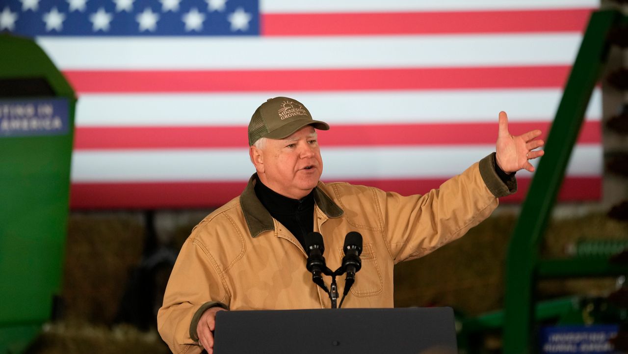 Minnesota Gov. Tim Walz speaks before President Joe Biden at Dutch Creek Farms, Wednesday, Nov. 1, 2023, in Northfield, Minn. (AP Photo/Abbie Parr)