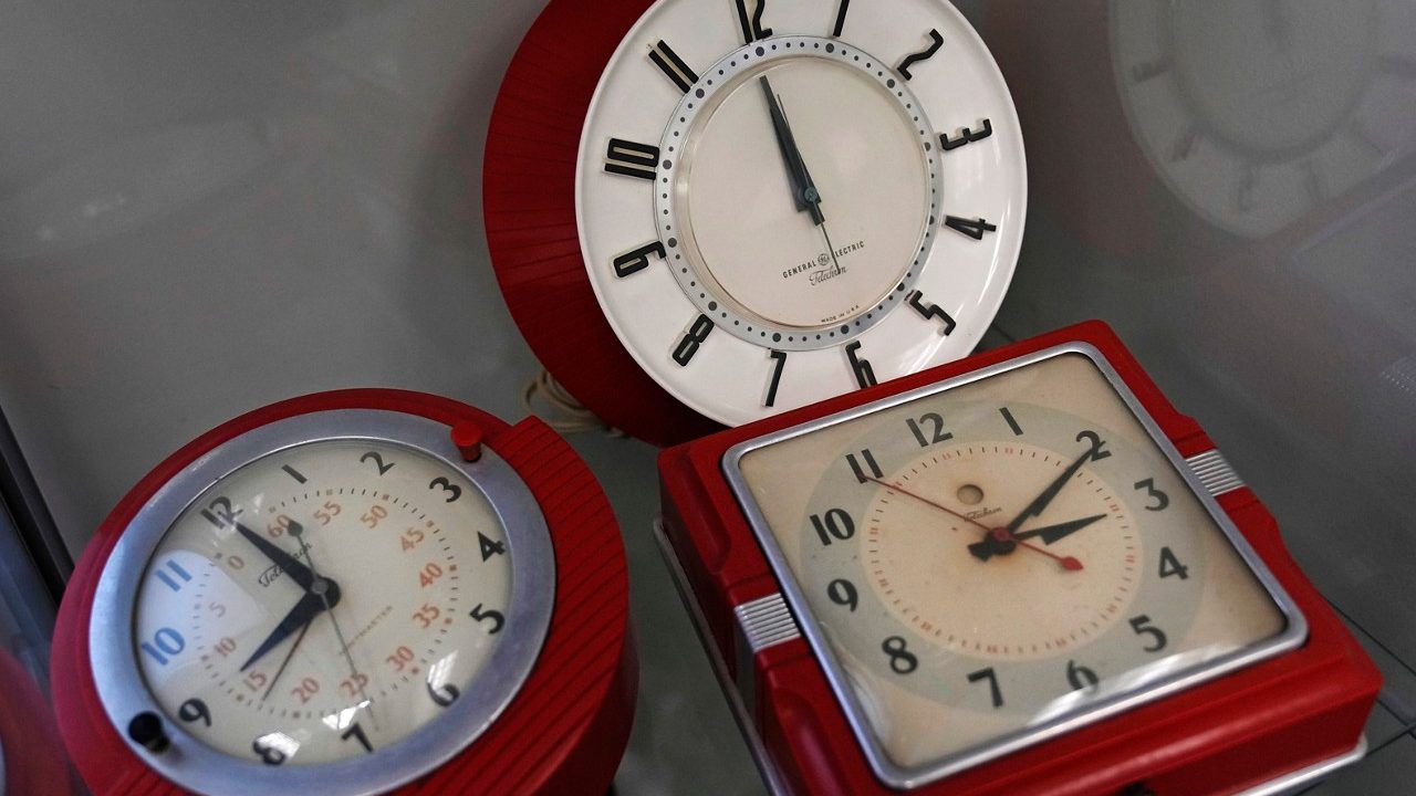 A selection of vintage clocks are displayed at the Electric Time Company, March 9, 2023, in Medfield, Mass. (AP Photo/Charles Krupa)