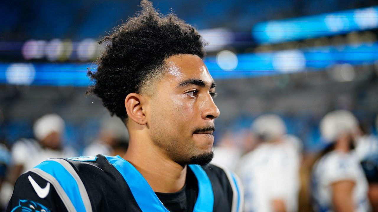 Carolina Panthers quarterback Bryce Young leaves the field after their loss against the Indianapolis Colts during the second half of an NFL football game Sunday, Nov. 5, 2023, in Charlotte, N.C. (AP Photo/Jacob Kupferman)