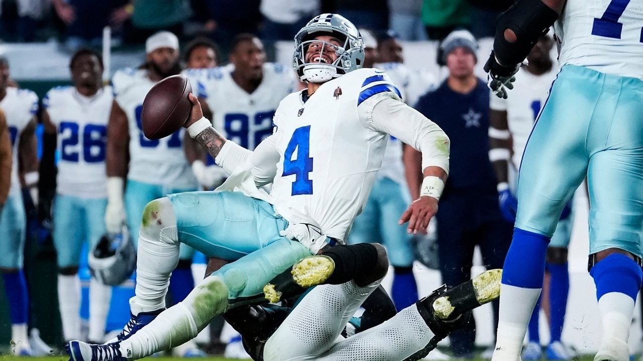 Philadelphia Eagles defensive end Josh Sweat (94) sacks Dallas Cowboys quarterback Dak Prescott (4) during the second half of an NFL football game Sunday, Nov. 5, 2023, in Philadelphia. (AP Photo/Matt Slocum)