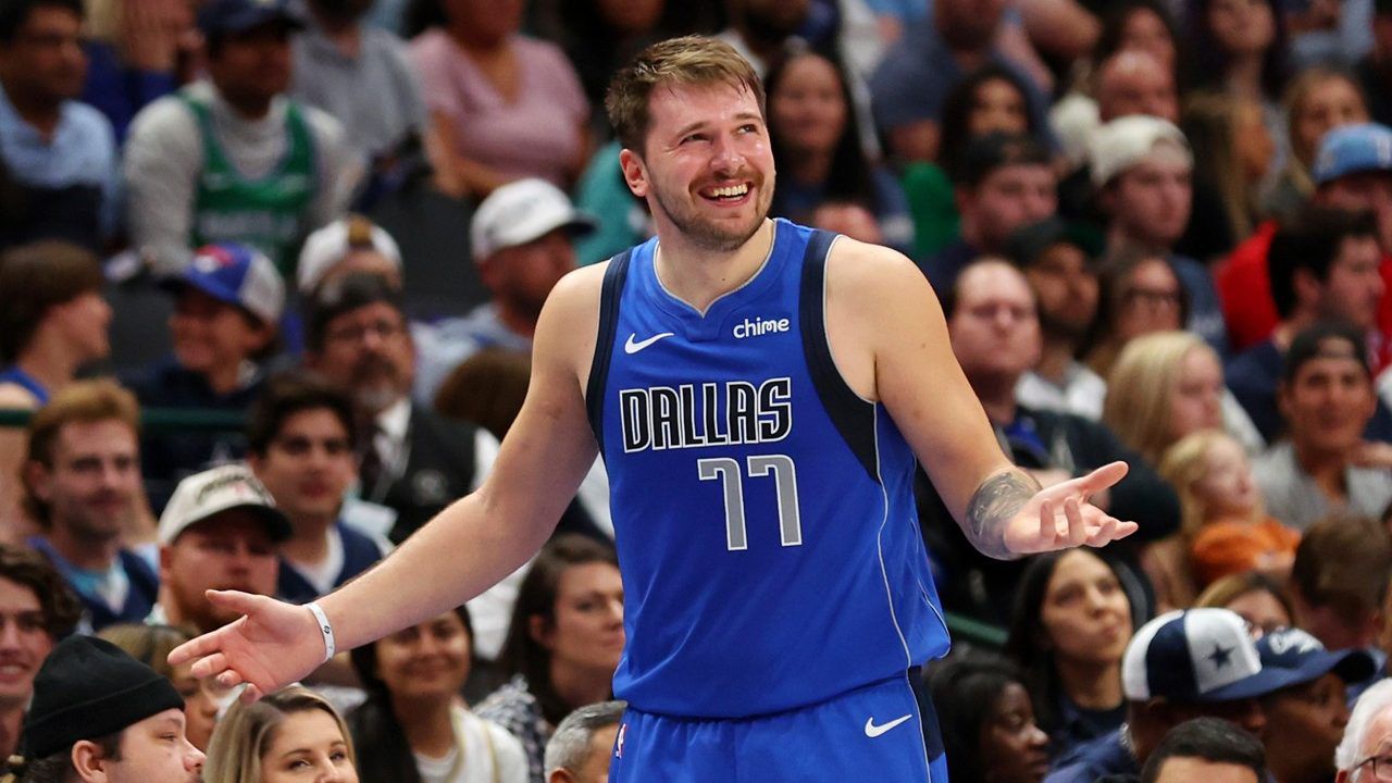 Dallas Mavericks guard Luka Doncic (77) reacts after a foul call in the second half in an NBA basketball game against the Charlotte Hornets, Sunday, Nov. 5, 2023, in Dallas. (AP Photo/Richard W. Rodriguez)