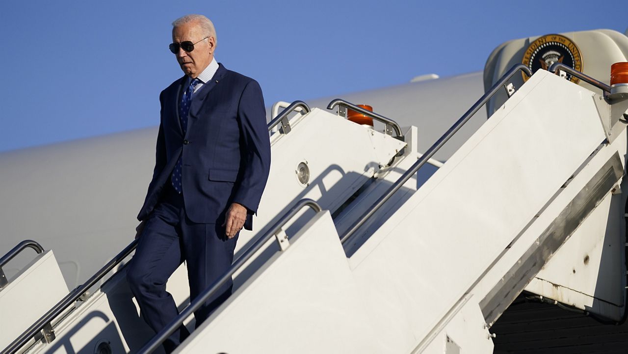 President Joe Biden arrives on Air Force One at Chicago O'Hare International Airport Thursday, Nov. 9, 2023, in Chicago. (AP Photo/Evan Vucci)