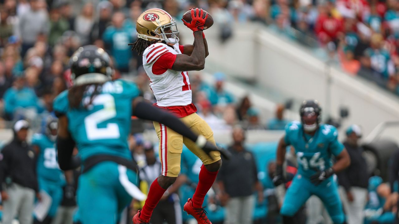 San Francisco 49ers wide receiver Brandon Aiyuk (11) catches a pass during an NFL football game against the Jacksonville Jaguars, Sunday, Nov. 12, 2023, in Jacksonville, Fla. The 49ers defeated the Jaguars 34-3.