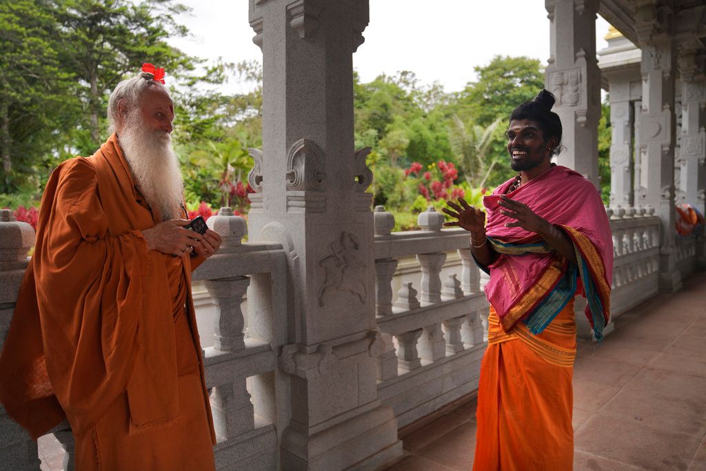 Paramacharya Sadasivanatha Palaniswami and Pravinkumar Vasudeva, right, who serves as priest of Iraivan Temple, at Kauai Hindu Monastery on July 9, 2023, in Kapaa, Hawaii. (AP Photo/Jessie Wardarski)