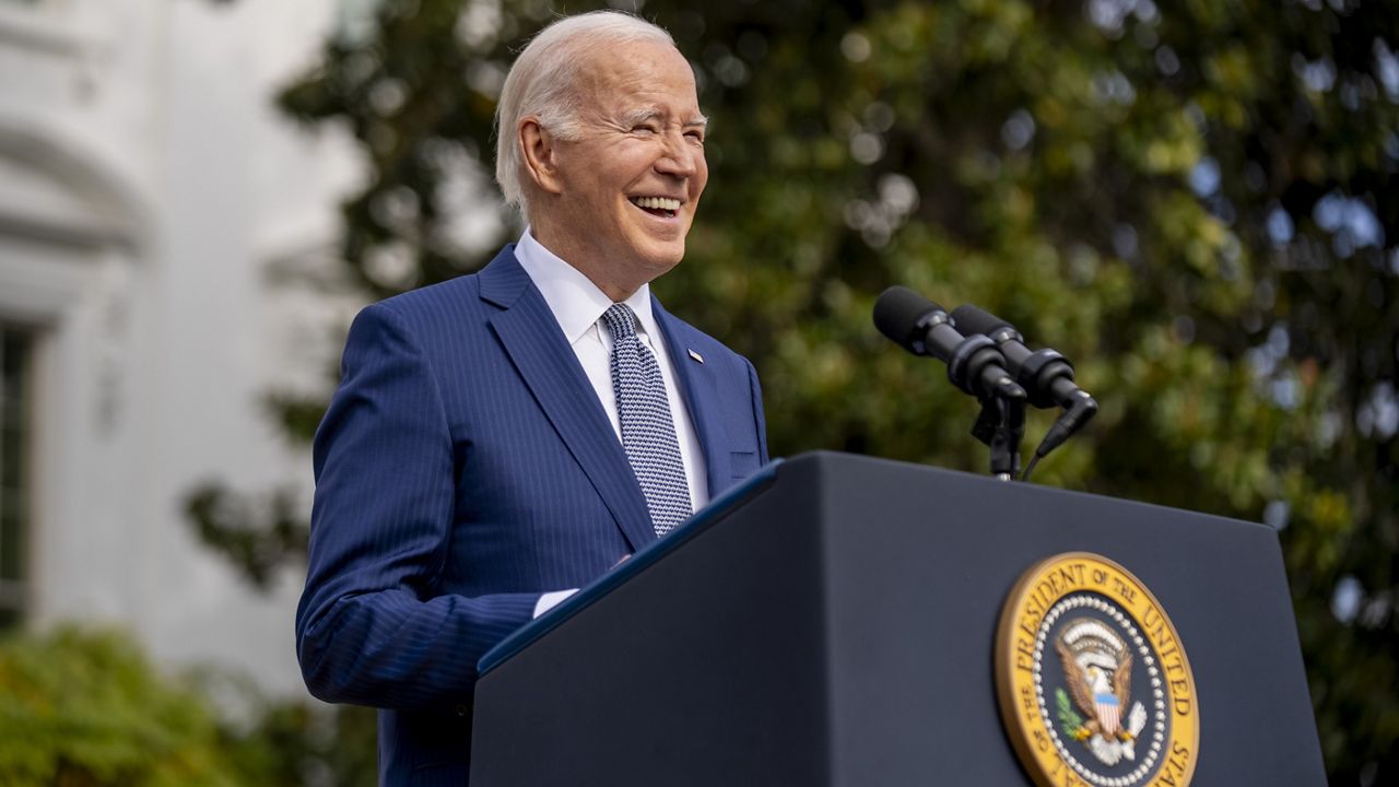 President Joe Biden speaks before pardoning the national Thanksgiving turkeys, Liberty and Bell, at a ceremony on the South Lawn of the White House in Washington, Monday, Nov. 20, 2023. (AP Photo/Andrew Harnik)