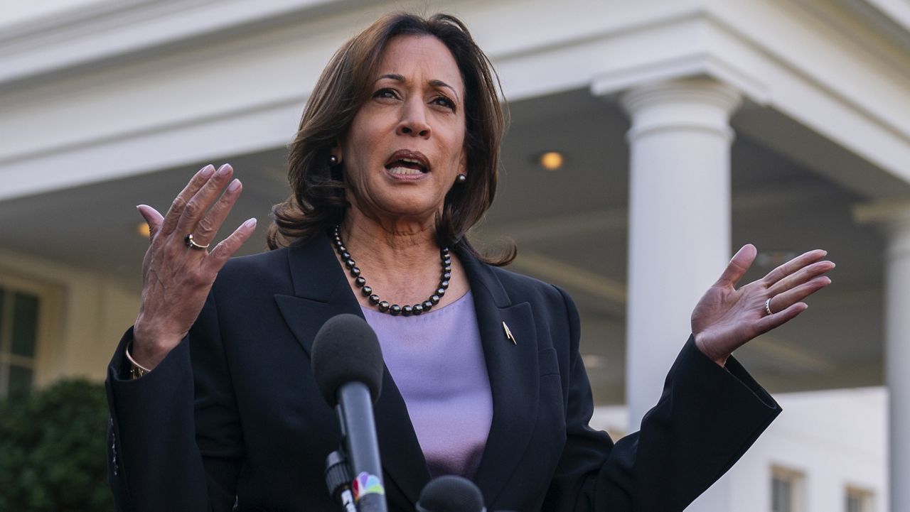 Vice President Kamala Harris speaks at the White House, Nov. 8, 2023, in Washington. (AP Photo/Evan Vucci)