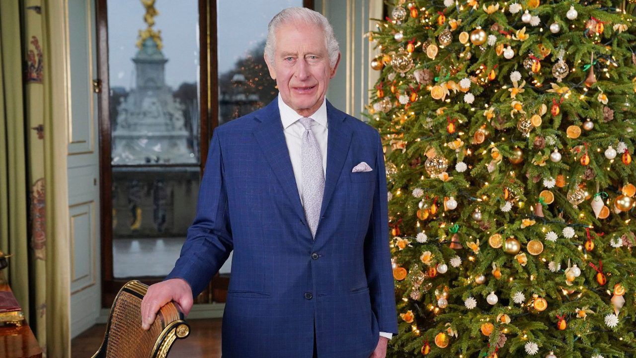 Britain's King Charles III poses for a photo, during the recording of his Christmas message at Buckingham Palace, in London, Saturday, Dec. 7, 2023. (Jonathan Brady/Pool Photo via AP)