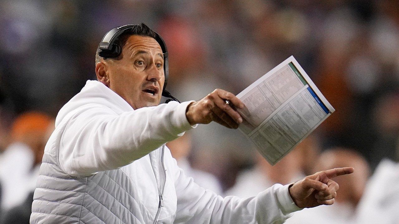 Texas head coach Steve Sarkisian talks to his team during the first half of an NCAA college football game against TCU, Saturday, Nov. 11, 2023, in Fort Worth, Texas. No. 2 Washington and No. 3 Longhorns meet Monday, Jan. 1, 2024 in the Sugar Bowl in a matchup of offenses known for aggressive and creative play calling. (AP Photo/Julio Cortez, File)