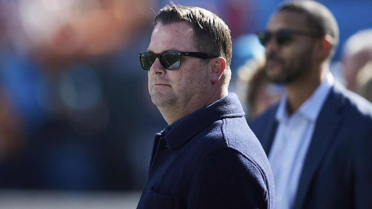 Carolina Panthers general manager Scott Fitterer stands on the sideline prior to an NFL football game against the Tampa Bay Buccaneers, Sunday, Jan. 7, 2024, in Charlotte, N.C. (AP Photo/Brian Westerholt)