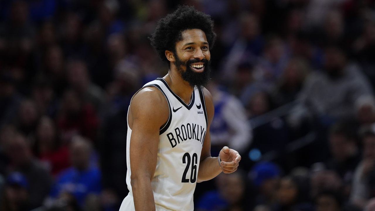 Brooklyn Nets' Spencer Dinwiddie reacts during an NBA basketball game on Feb. 3, 2024, in Philadelphia. (AP Photo/Matt Slocum)