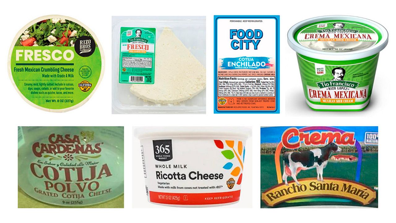 This image provided by the U.S. Centers for Disease Control and Prevention on Tuesday, Feb. 6, 2024, shows brands of cheese recalled due to a decade-long outbreak of listeria food poisoning that killed two people and sickened more than two dozen. (CDC via AP)