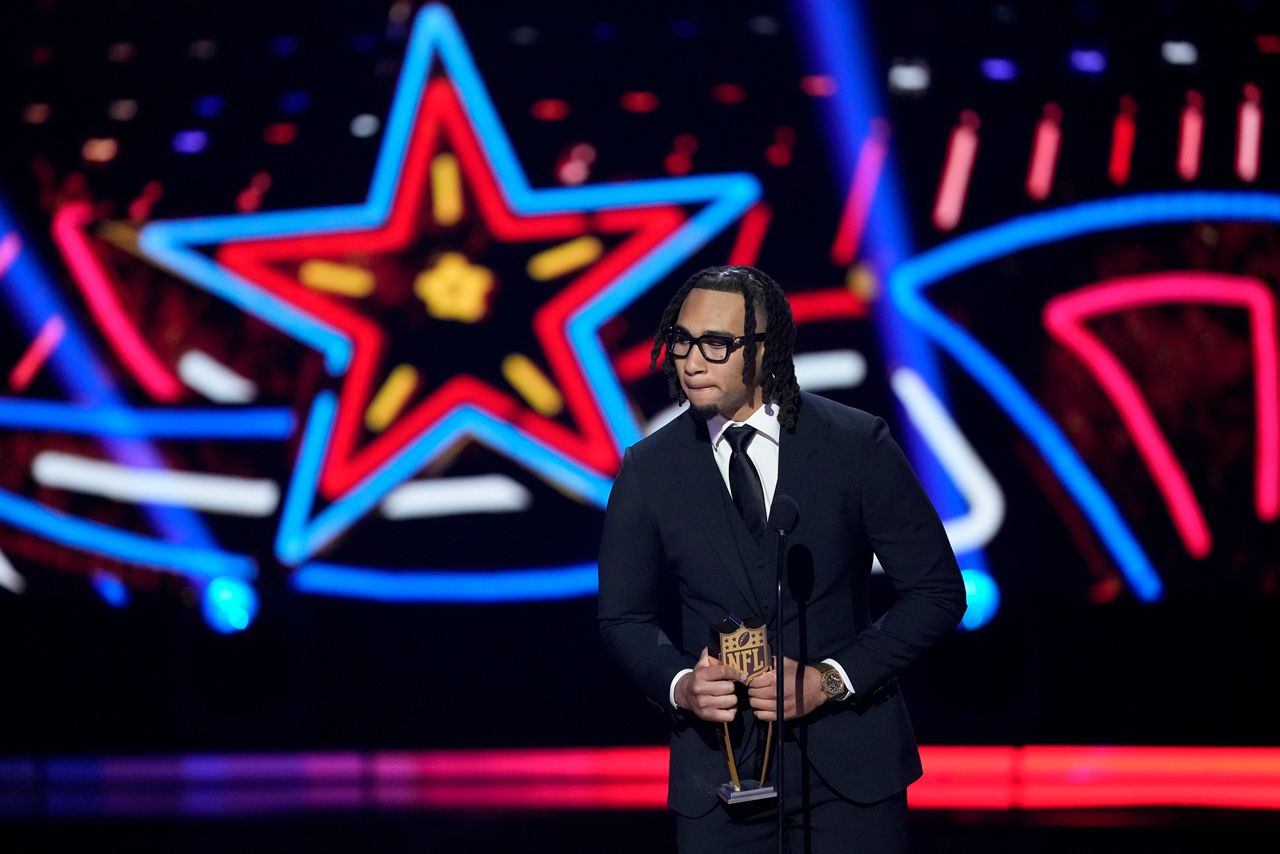 The Houston Texans' C.J. Stroud, AP Offensive Rookie of the Year, speaks during the NFL Honors award show ahead of the Super Bowl 58 Thursday, Feb. 8, 2024, in Las Vegas. (AP Photo/David J. Phillip)