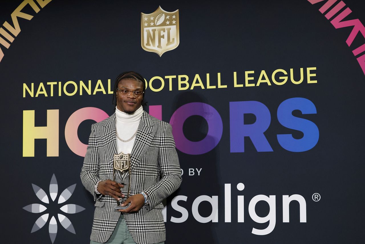 Baltimore Ravens' Lamar Jackson, AP Most valuable player speaks during the NFL Honors award show ahead of the Super Bowl 58 football game, Thursday, Feb. 8, 2024, in Las Vegas. (AP Photo/Tyler Kaufman)