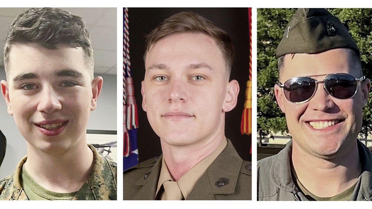 This combo of images provided by the Marine Corps shows, from left, Capt. Jack Casey, 26, of Dover, N.H., Lance Cpl. Donovan Davis, 21, of Olathe, Kan., Sgt. Alec Langen, 23, of Chandler, Ariz., Capt. Benjamin Moulton, 27, of Emmett, Idaho, and Capt. Miguel Nava, 28, of Traverse City, Mich. The the five Marines were killed when their CH-53E Super Stallion helicopter went down in the mountains outside San Diego during a historic storm Tuesday night, Feb. 6, 2024. (Marine Corps via AP)