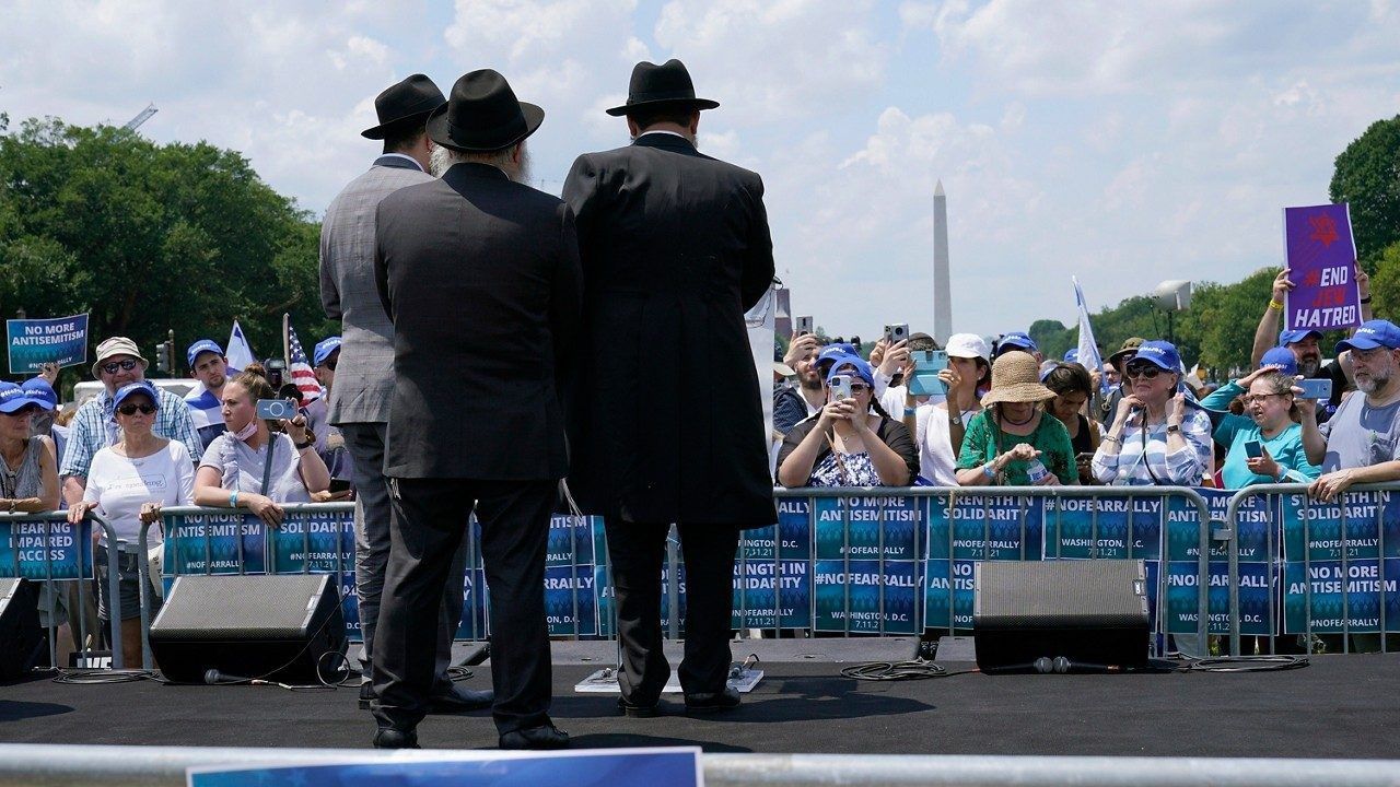 People attend the "NO FEAR: Rally in Solidarity with the Jewish People" event in Washington, Sunday, July 11, 2021, co-sponsored by the Alliance for Israel, Anti-Defamation League, American Jewish Committee, B'nai B'rith International and other organizations. The American Jewish Committee released a survey on Tuesday, Feb. 13, 2024, that found nearly two-thirds of American Jews feel less secure in the U.S. than they did a year ago. The group conducted the survey on antisemitism last fall just as the Israel-Hamas war began. (AP Photo/Susan Walsh, File)