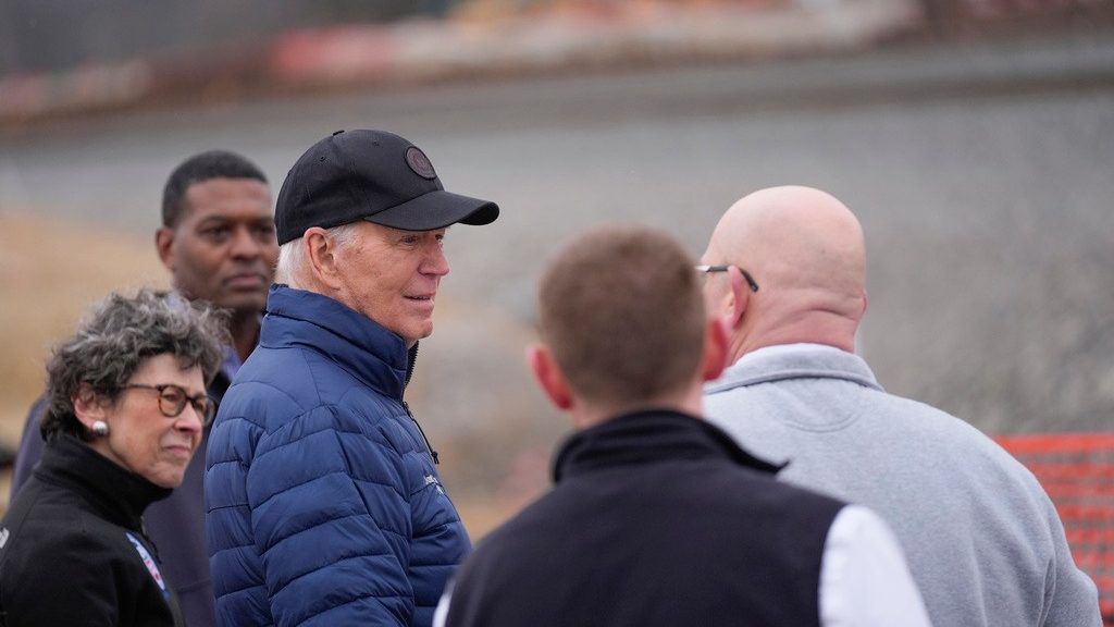 President Joe Biden tours the East Palestine Recovery Site, Friday, Feb. 16, 2024, in East Palestine, Ohio.