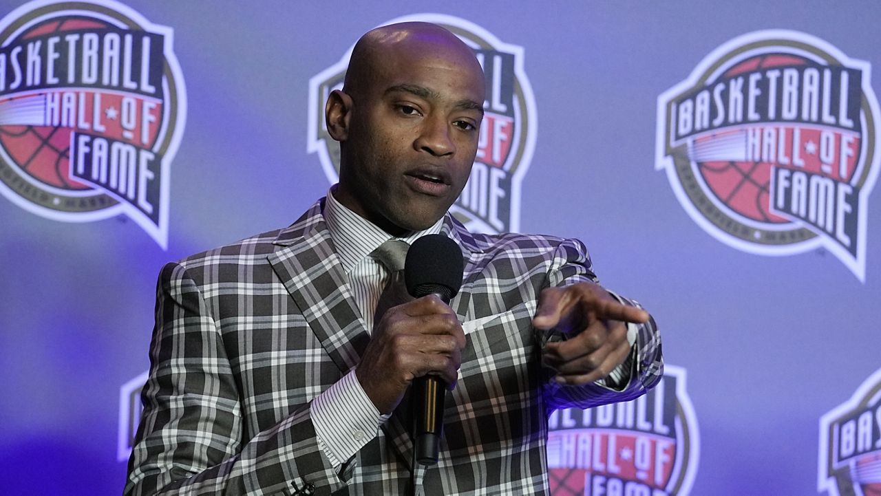 Vince Carter speaks during the Basketball Hall of Fame news conference Friday, Feb. 16, 2024, in Indianapolis. (AP Photo/Darron Cummings)