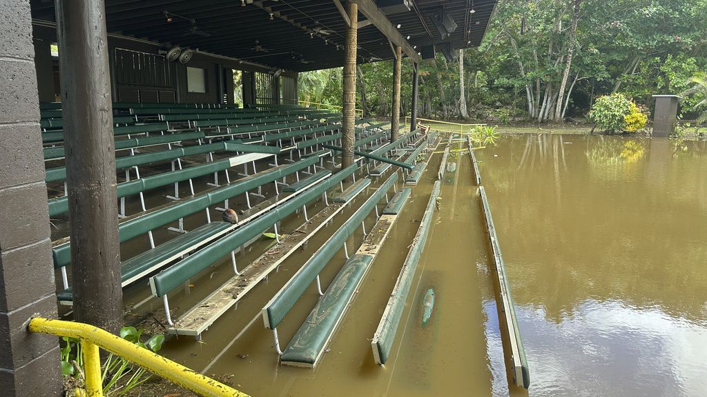 This photo provided by Kauai County, Hawaii, shows the flooded Wailua River area near Smith’s Tropical Paradise, in Kauai County, Hawaii, Friday, April 12, 2024. Recent heavy rainfall has caused flooding throughout the area. (Courtesy of Kauai County, Hawaii via AP)