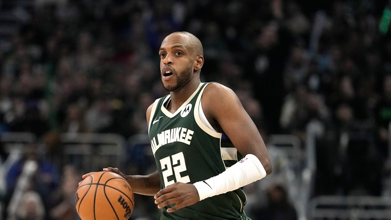 Milwaukee Bucks' Khris Middleton during the first half of Game 1 of the first round NBA playoff basketball game against the Indiana Pacers Sunday, April 21, 2024, in Milwaukee. (AP Photo/Morry Gash)