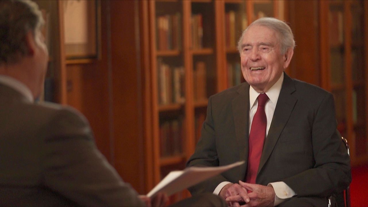 This photo provided by CBS News shows Dan Rather with CBS correspondent Lee Cowan during an interview on “CBS Sunday Morning." Rather returned to the CBS News airwaves Sunday, April 28, 2024, for the first time since his bitter exit 18 years ago, appearing in a reflective interview on “CBS Sunday Morning” days before the debut of a Netflix documentary on the 92-year-old newsman's life. (CBS News via AP)