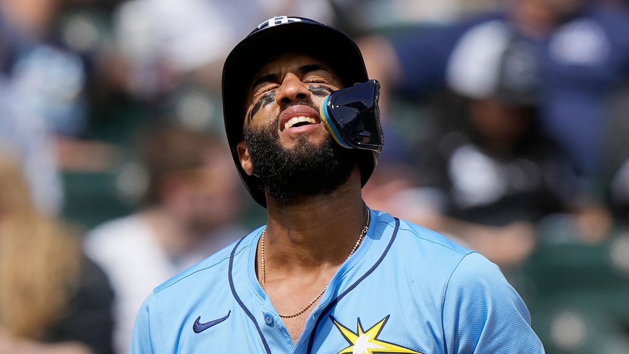 Tampa Bay Rays' Amed Rosario reacts after being called out on strikes during the sixth inning of a baseball game against the Chicago White Sox in Chicago, Sunday, April 28, 2024. (AP Photo/Nam Y. Huh)