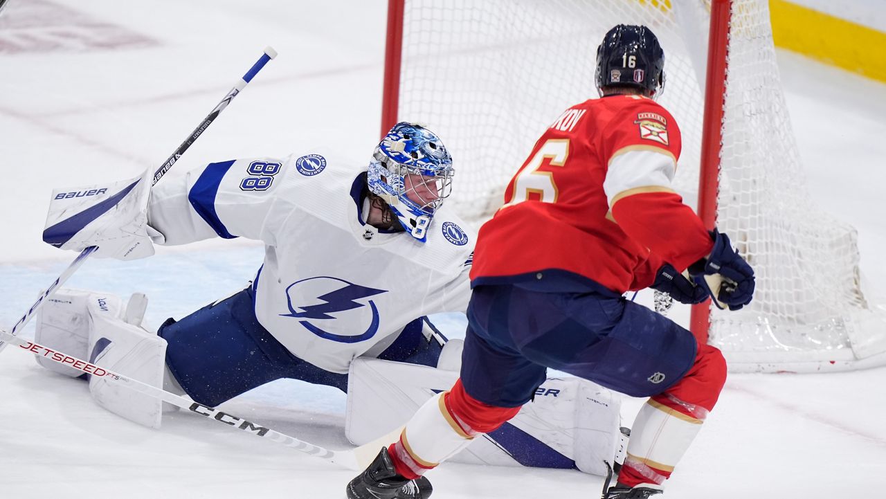 Florida Panthers center Aleksander Barkov (16) scores against Tampa Bay Lightning goaltender Andrei Vasilevskiy (88) during the second period of Game 5 of the first-round of an NHL Stanley Cup Playoff series, Monday, April 29, 2024, in Sunrise, Fla. (AP Photo/Wilfredo Lee)