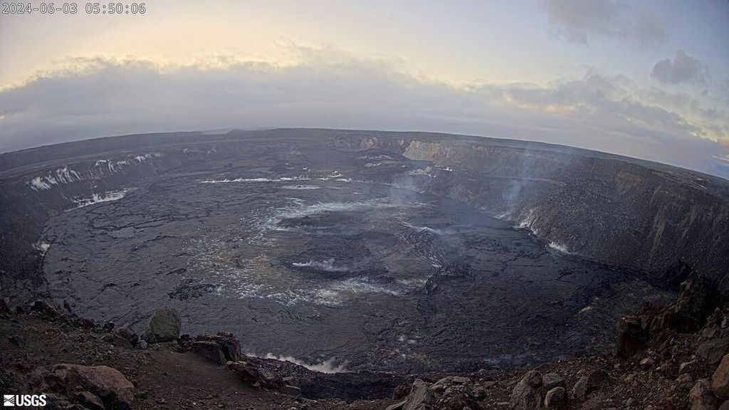 This webcam image provided by the U.S. Geological Survey shows the summit of the Kilauea volcano in Hawaii, Monday, June 3, 2024. Kilauea, one of the most active volcanoes in the world, began erupting early Monday in an area that last erupted a half-century ago, the U.S. Geological Survey's Hawaiian Volcano Observatory said. (U.S. Geological Survey via AP)