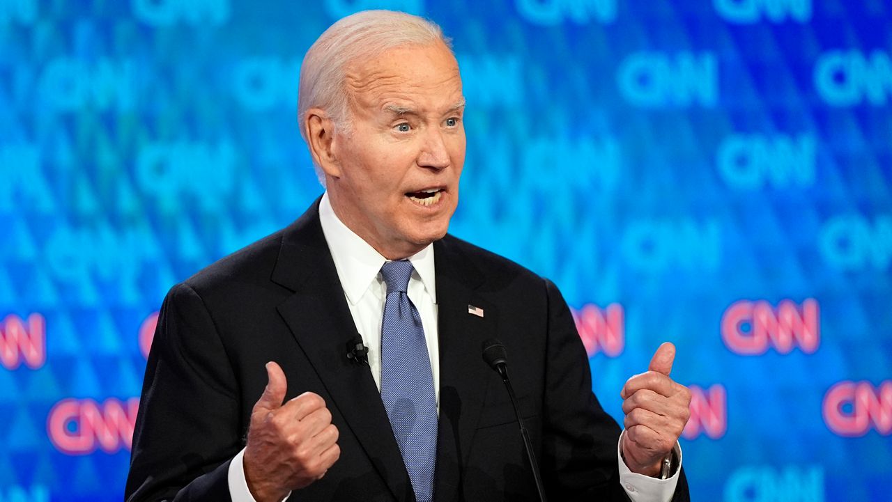 FILE - President Joe Biden, speaks during a presidential debate hosted by CNN with Republican presidential candidate former President Donald Trump, Thursday, June 27, 2024, in Atlanta. (AP Photo/Gerald Herbert)