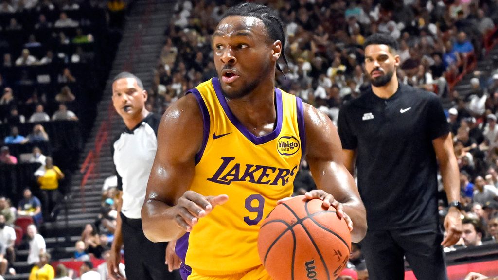 Los Angeles Laker guard Bronny James Jr. (9) drives the ball against the Houston Rockets during the first half of an NBA summer league basketball game Friday, July 12, 2024, in Las Vegas. 