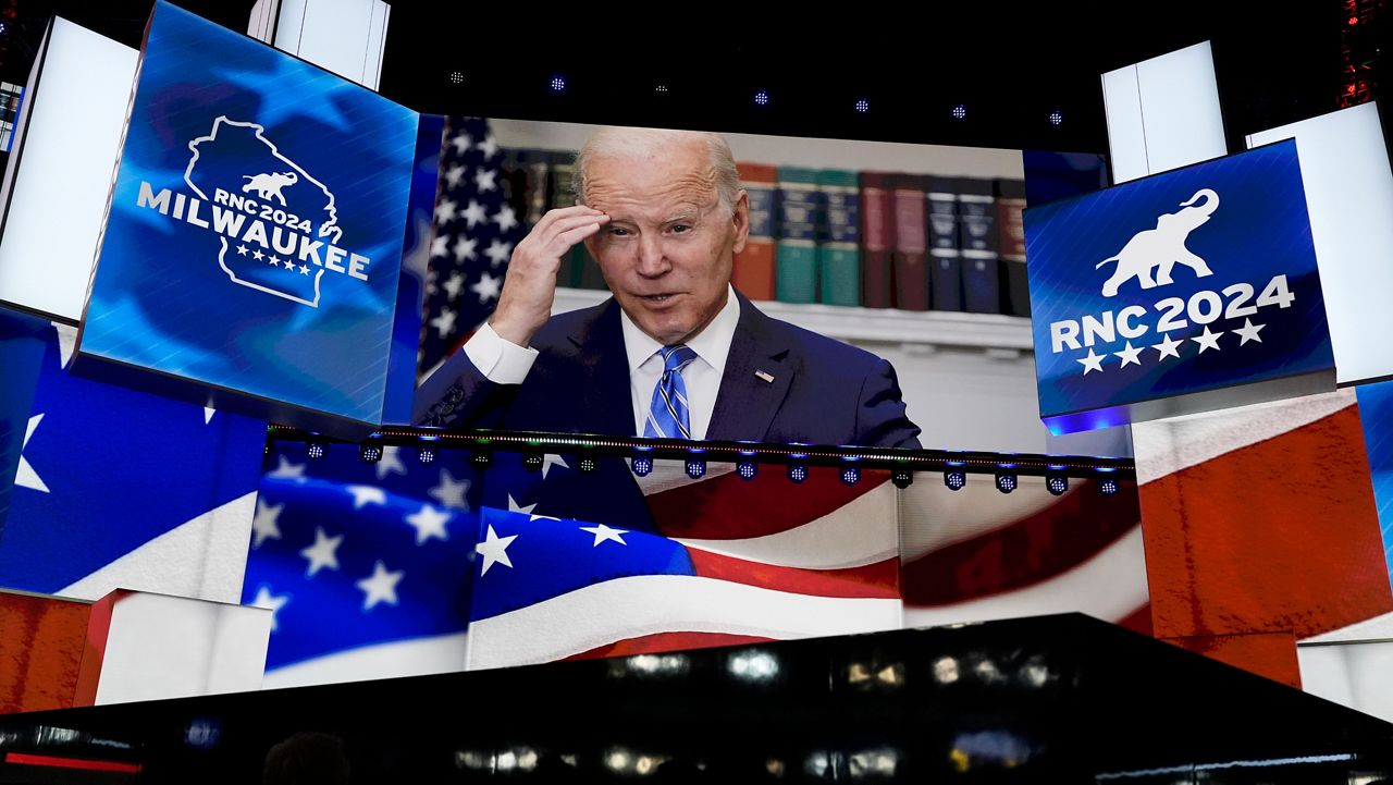 An image of President Joe Biden is projected on a screen during the final night of the 2024 Republican National Convention at the Fiserv Forum, Thursday, July 18, 2024, in Milwaukee. (AP Photo/Carolyn Kaster)