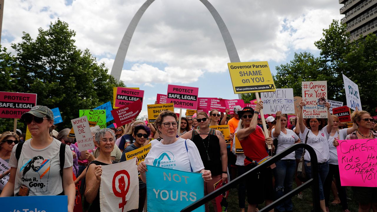 FILE - Abortion-rights supporters take part in a protest, May 30, 2019, in St. Louis. (AP Photo/Jeff Roberson, File)