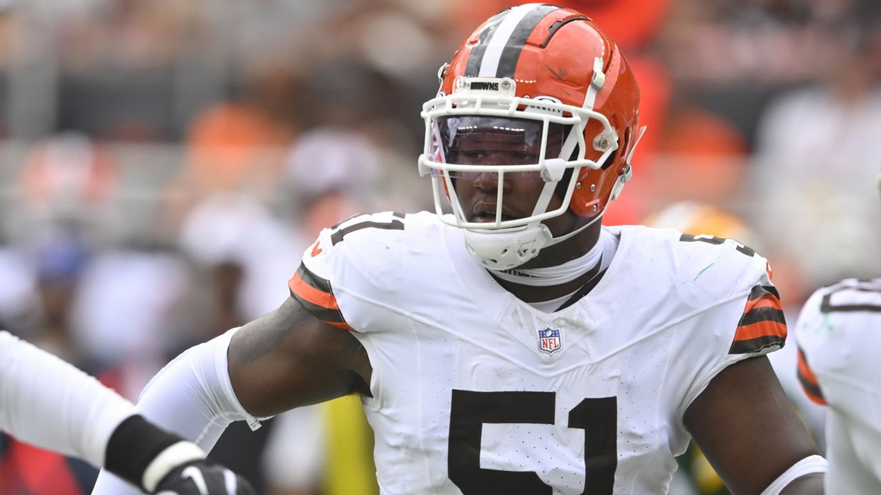 Cleveland Browns defensive tackle Mike Hall Jr. (51) works at the line of scrimmage during an NFL preseason football game against the Green Bay Packers, Saturday, Aug. 10, 2024, in Cleveland. (AP Photo/David Richard, File)