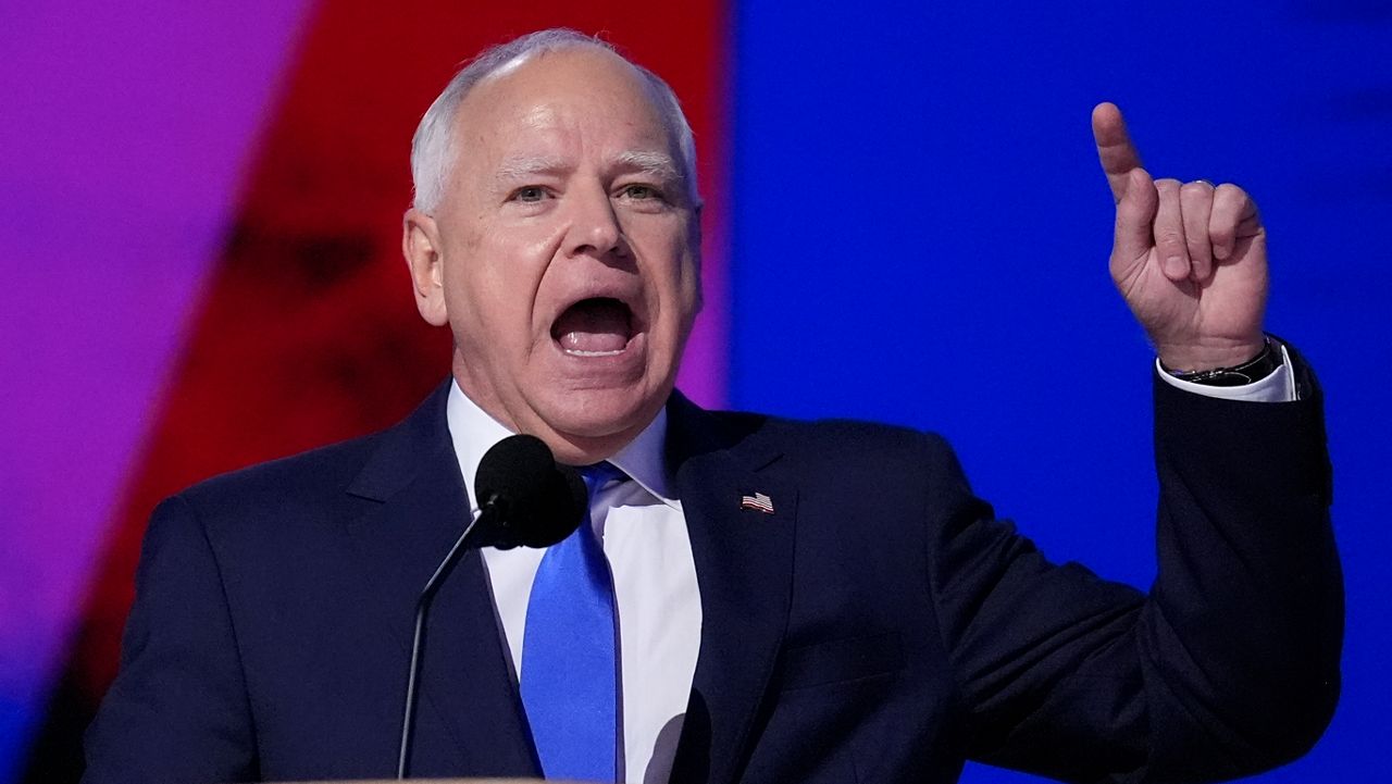 Democratic vice presidential nominee Minnesota Gov. Tim Walz speaks during the Democratic National Convention Wednesday, Aug. 21, 2024, in Chicago. (AP Photo/Brynn Anderson)