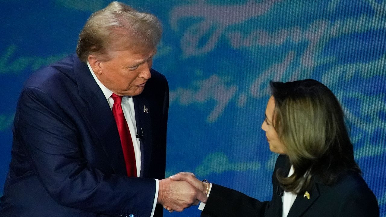 Republican presidential nominee former President Donald Trump and Democratic presidential nominee Vice President Kamala Harris shake hands before the start of an ABC News presidential debate at the National Constitution Center, Tuesday, Sept. 10, 2024, in Philadelphia. (AP Photo/Alex Brandon)