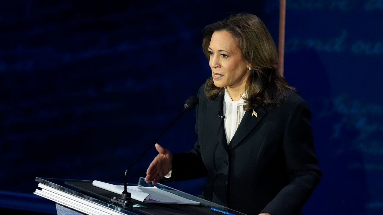 Democratic presidential nominee Vice President Kamala Harris speaks during a presidential debate with Republican presidential nominee former President Donald Trump at the National Constitution Center, Tuesday, Sept.10, 2024, in Philadelphia. (AP Photo/Alex Brandon)