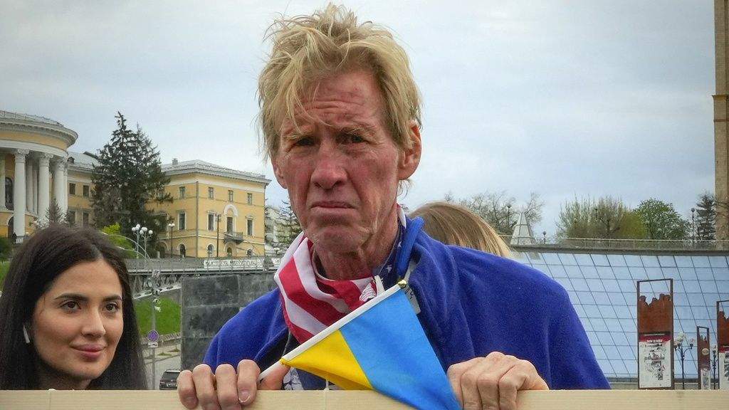 Ryan Wesley Routh takes part in a rally in central Kyiv, Ukraine, Saturday, April 30, 2022. (AP Photo/Efrem Lukatsky)