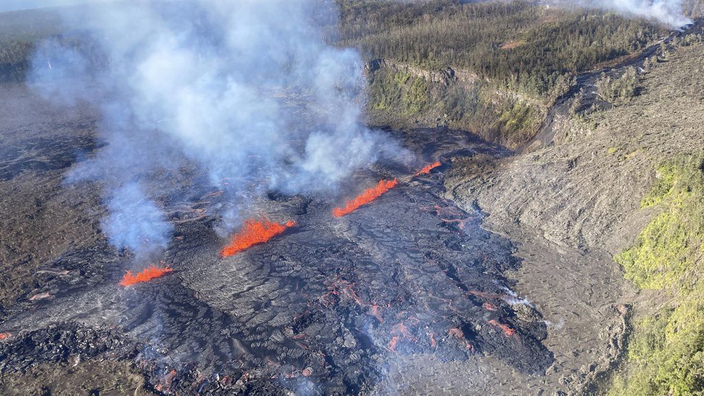 This photo provided by the U.S. Geological Survey, captured during a Hawaiian Volcano Observatory helicopter flyover Tuesday, Sept. 17, 2024, shows the eruption in Kilauea's middle East Rift Zone in Hawaii Volcanoes National Park, Hawaii. (A. Ellis/U.S. Geological Survey via AP)