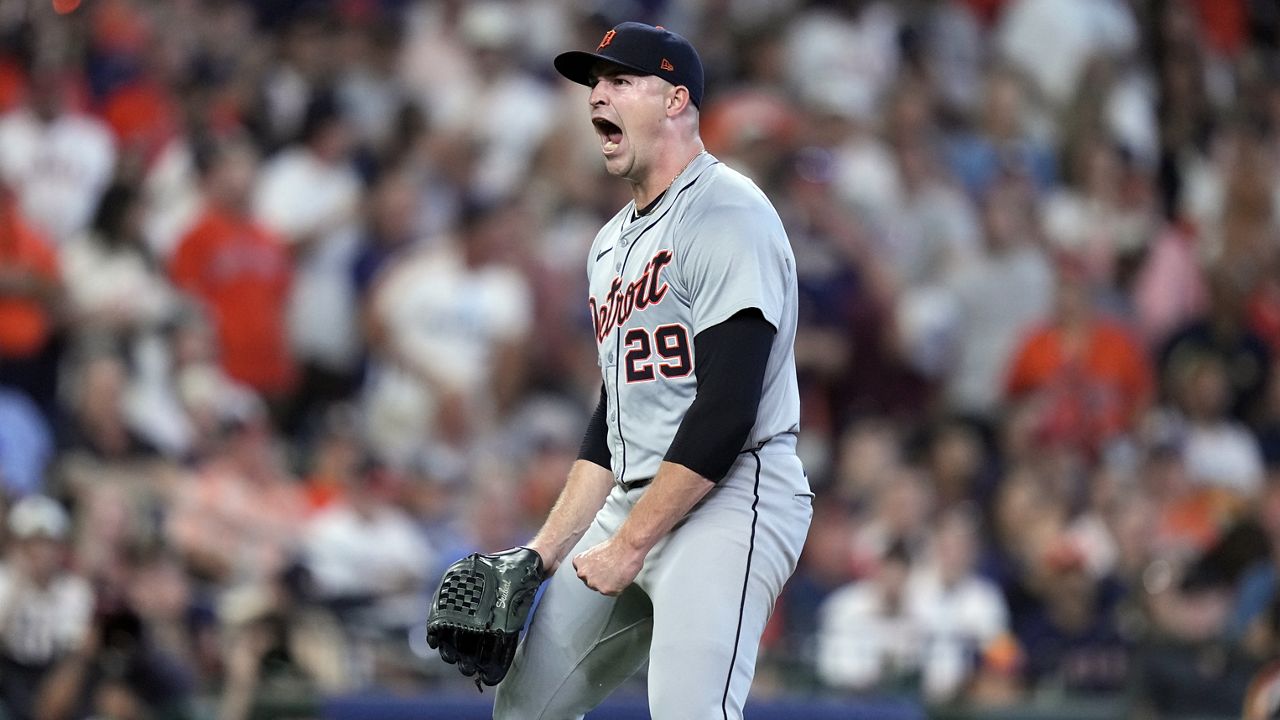 Detroit Tigers starting pitcher Tarik Skubal throws during the first inning of Game 1 of an AL Wild Card Series baseball game against the Houston Astros, Tuesday, Oct. 1, 2024, in Houston. (AP Photo/Kevin M. Cox)