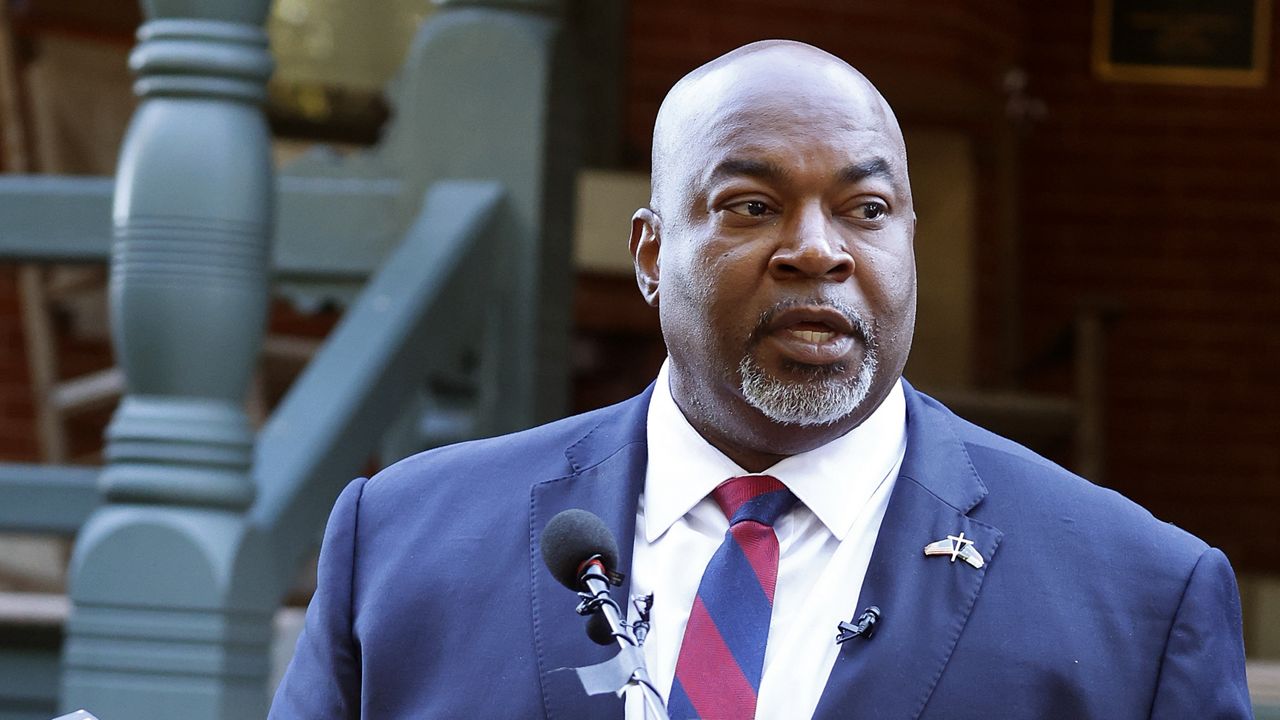 North Carolina Lt. Gov. Mark Robinson speaks at a news conference in Raleigh, N.C., Tuesday, Oct. 15, 2024. (AP Photo/Karl B DeBlaker)