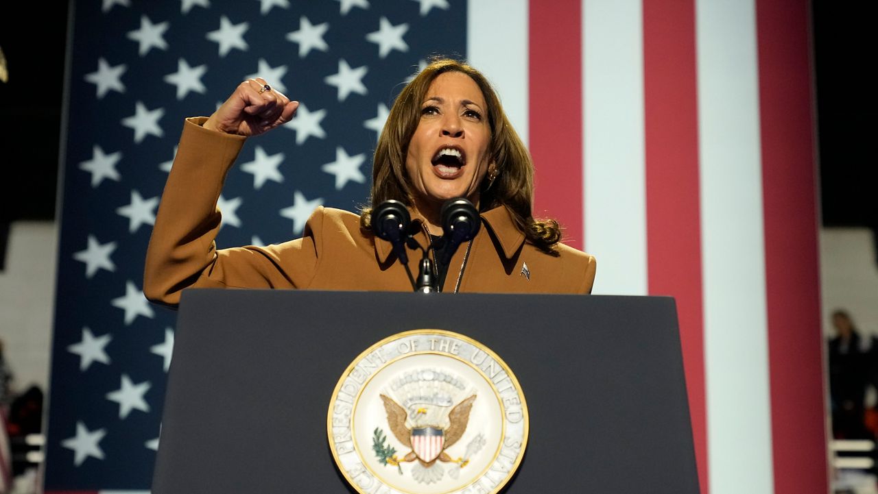 Democratic presidential nominee Vice President Kamala Harris speaks during a campaign rally at the Wings Event Center in Kalamazoo, Mich. (AP Photo/Jacquelyn Martin)