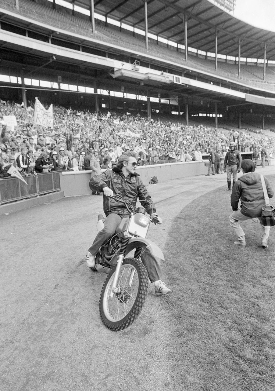 Robin Yount riding his dirt bike at Milwaukee County Stadium on October 21 1982 after the Brewers World Series appearance
