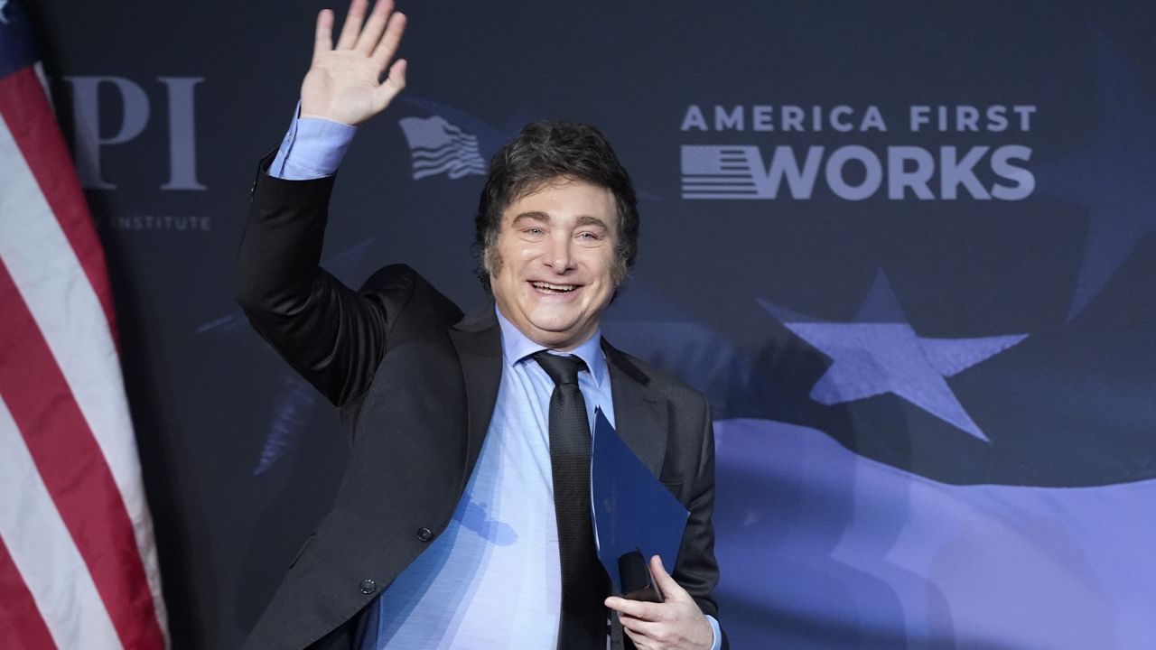 Argentina's President Javier Milei arrives to speak before President-elect Donald Trump during an America First Policy Institute gala at Trump's Mar-a-Lago estate, Thursday, Nov. 14, 2024, in Palm Beach, Fla. (AP Photo/Alex Brandon)