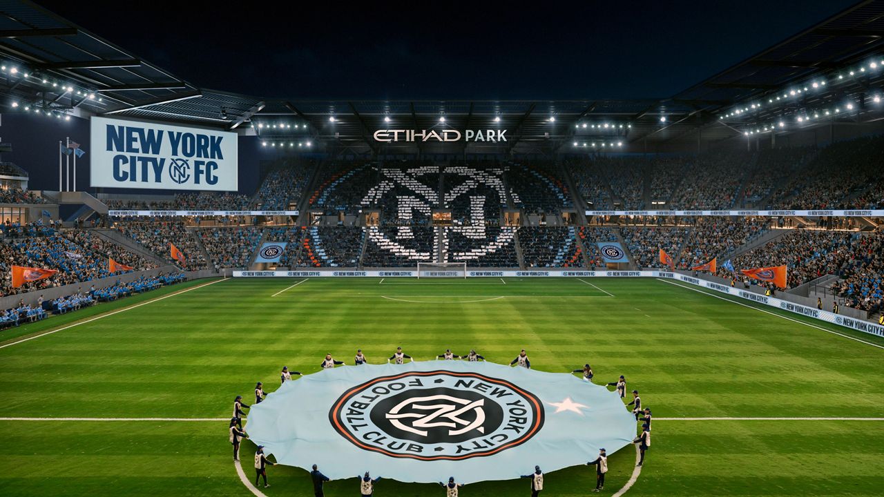 This artists rendering provided by New York City FC shows the MLS soccer team's $780 million, 25,000-seat venue that it intends to open next to the Mets' Citi Field in New York in 2027. (HOK/NYCFC via AP)