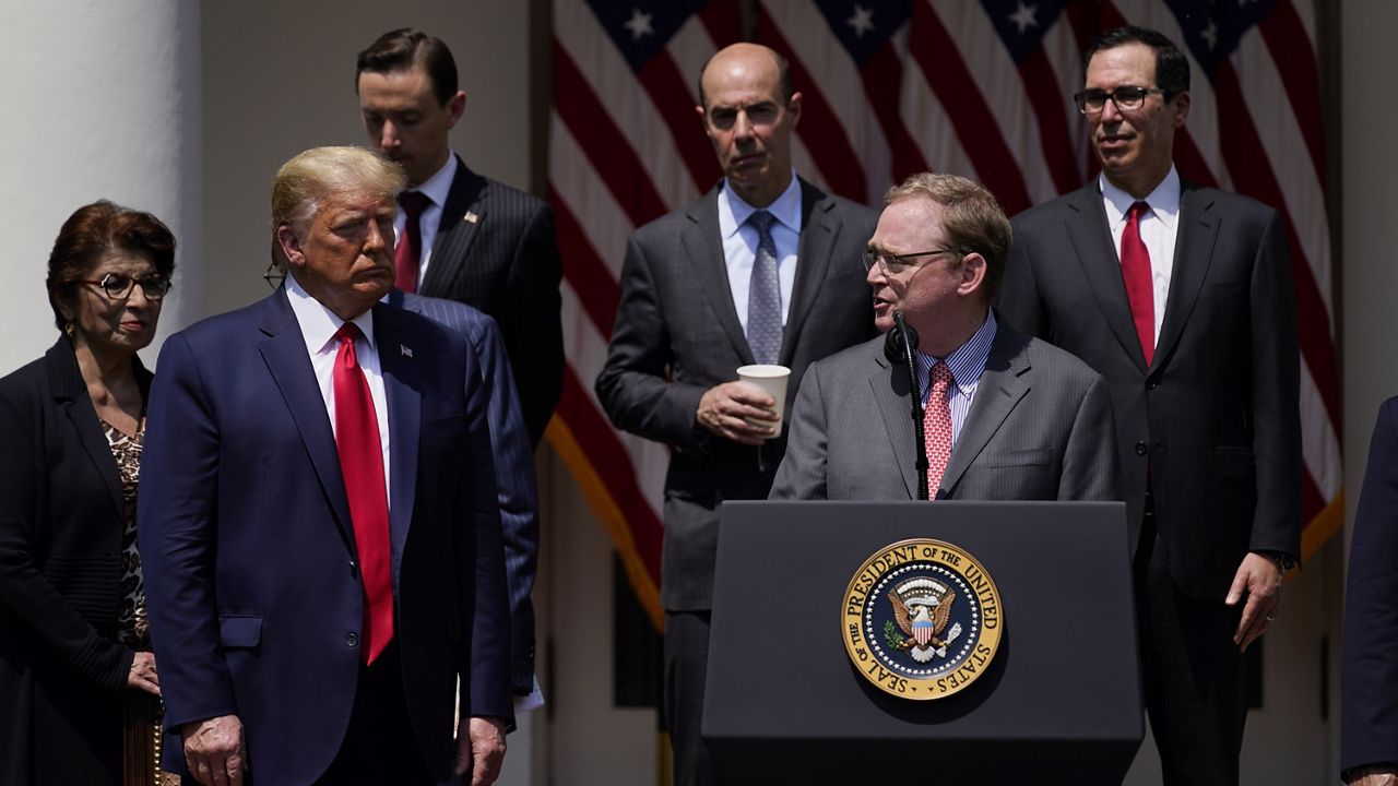 White House senior adviser Kevin Hassett speaks as President Donald Trump and others listen during a news conference in the Rose Garden of the White House, June 5, 2020, in Washington. (AP Photo/Evan Vucci, File)