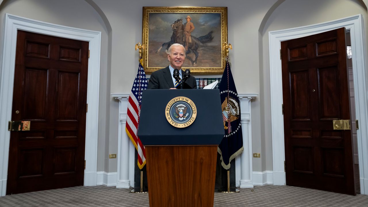 President Joe Biden speaks in the Roosevelt Room at the White House in Washington, Friday, Jan. 10, 2025. (AP Photo/Ben Curtis)