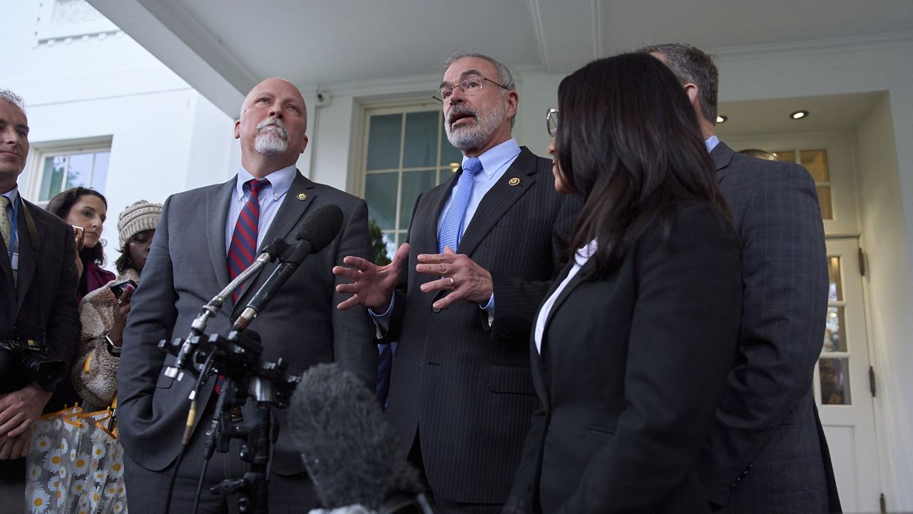 Chairman of the House Freedom Caucus Rep. Andy Harris, R-Md., speaks to reporters outside the White House after a meeting with President Donald Trump, Wednesday, March 5, 2025, in Washington, with Rep. Chip Roy, R-Texas, Harris, Rep. Lauren Boebert, R-Colo., and Rep. Scott Perry, R-Pa. (AP Photo/Evan Vucci)