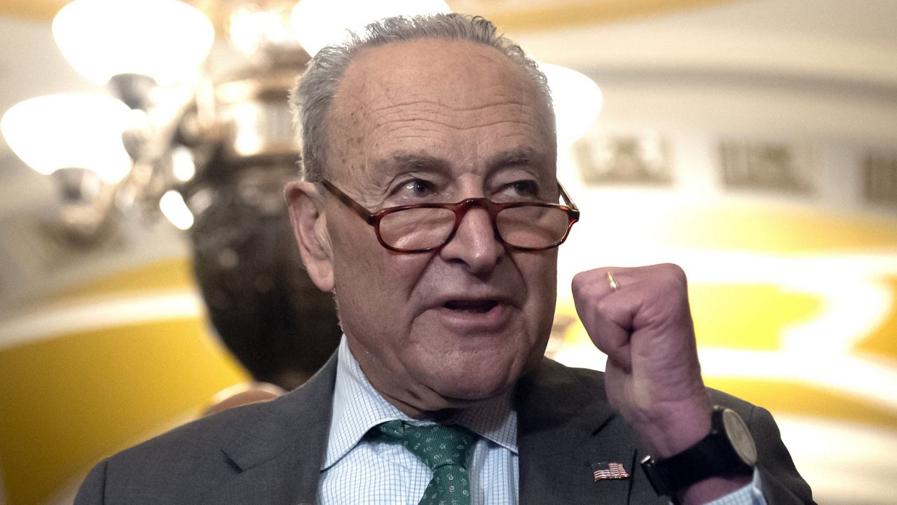 Sen. Charles Schumer, D-N.Y., speaks to reporters after a Senate policy luncheon on Capitol Hill, Tuesday, March 11, 2025, in Washington. (AP Photo/Mark Schiefelbein)