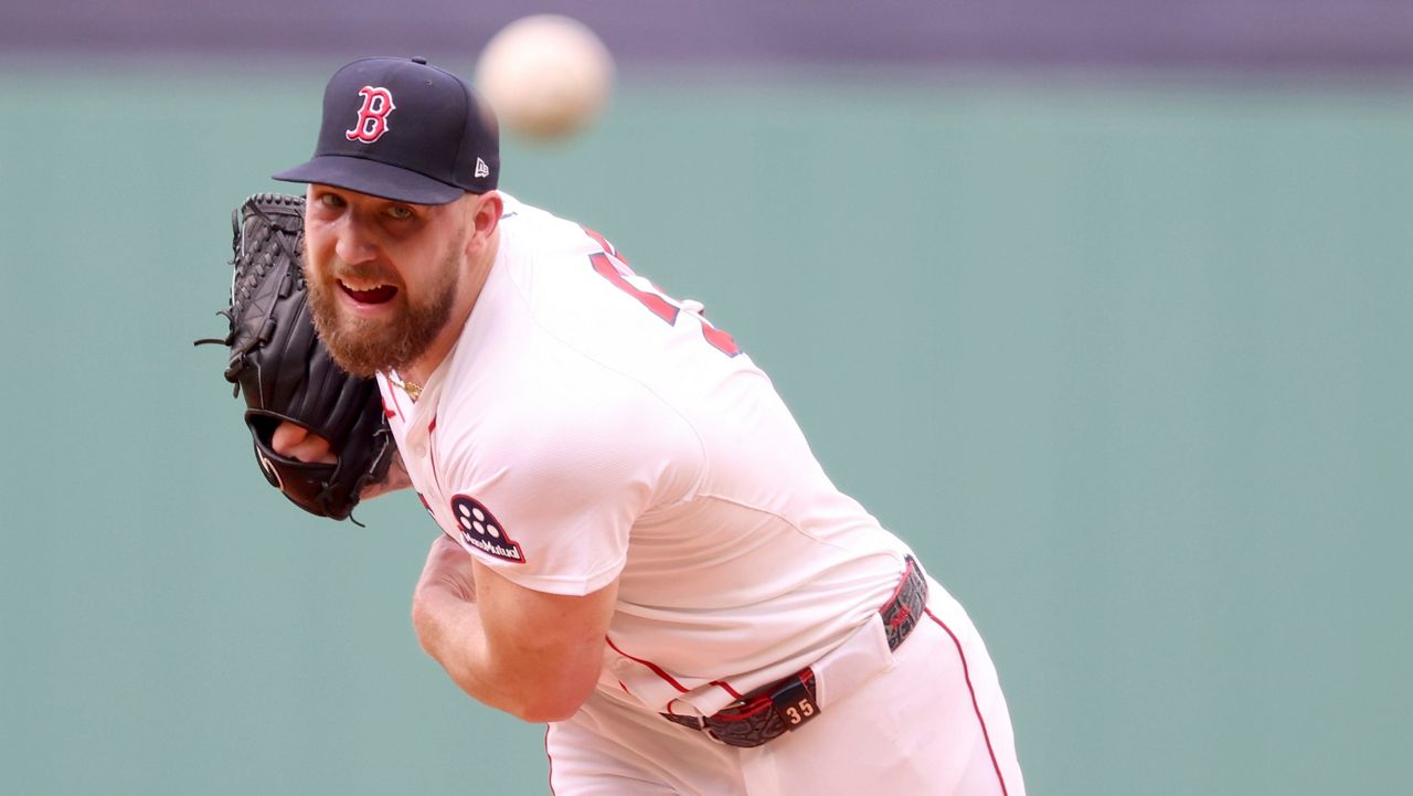 Boston Red Sox pitcher Garrett Crochet throws during the first inning of a baseball game against the Minnesota Twins, Sunday, May 4, 2025, in Boston. (AP Photo/Mark Stockwell)